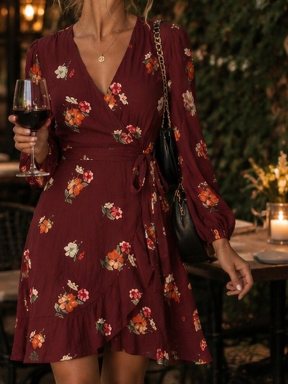 ASTR The Label Floral Burgundy Wrap Dress Long Sleeves Size S Lisandra
